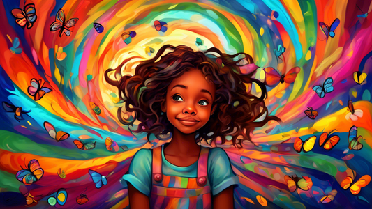 A young girl named Jazmyne with oversized colorful emotions swirling around her, painted in a whimsical storybook style.