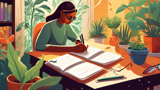 An artistic depiction of a person writing in a journal at a cozy home desk, surrounded by healthy plants, with visual metaphors floating above their head showing the transformation of old habits into 