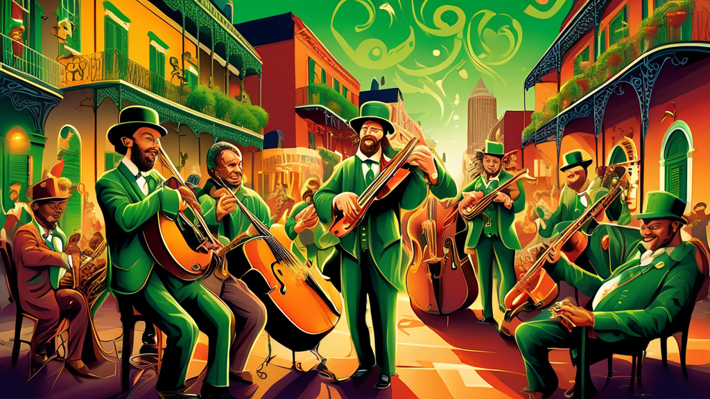 A vibrant gathering of New Orleans musicians playing traditional Irish tunes with the city's iconic French Quarter and elements of Irish cultural symbols in the background, symbolizing the melding of cultures in 2013.