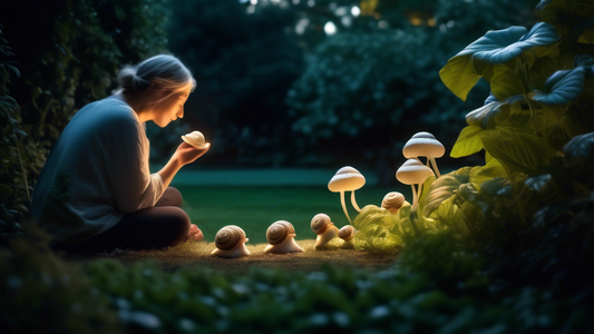 Tranquil scene of a person peacefully watching snails in a lush garden at dusk, with a soft glow illuminating the surroundings, capturing a moment of connection with nature.