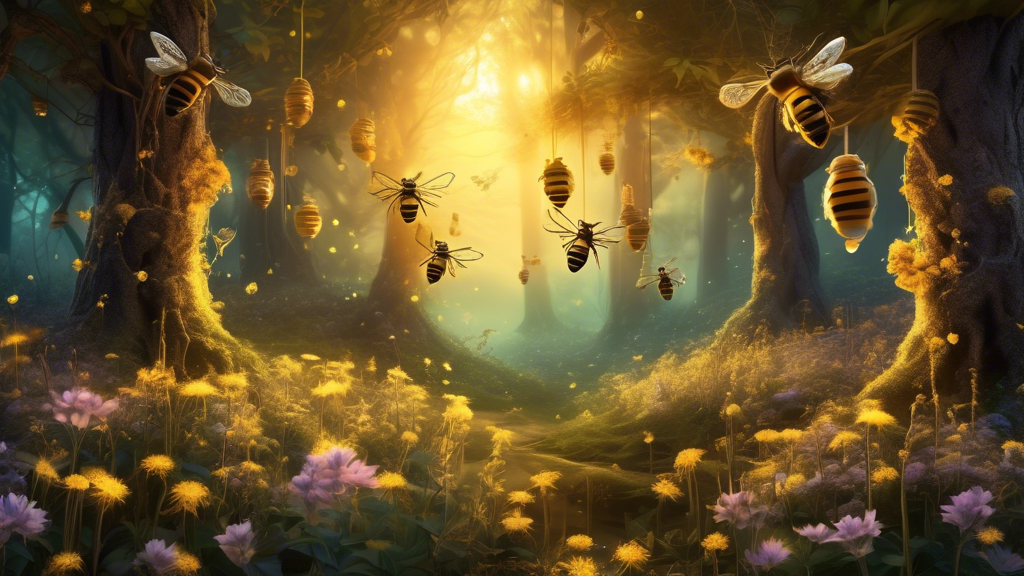 An enchanting forest scene at sunrise, with hornets delicately harvesting nectar from flowers to create their unique honey, highlighted by magical glows and a backdrop of an ancient, mystical hive hidden among the trees.