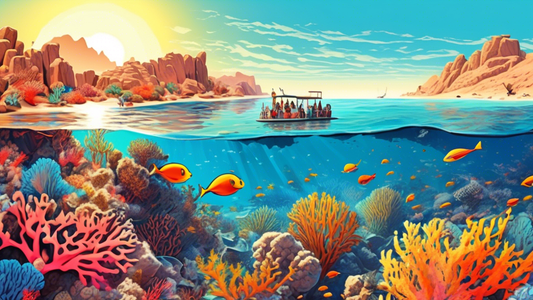 Colorful coral reefs thriving with marine life off the coast of Hurghada, Egypt, with adventurous tourists exploring the vast desert landscape in the background, under a bright sun.