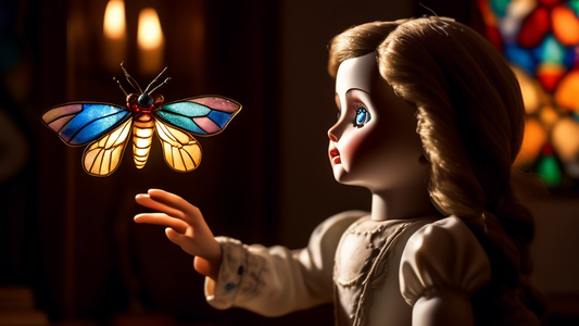 A child's hand reaching out to touch the porcelain face of a doll with eerily realistic eyes, in a dimly lit room with a single beam of light illuminating the scene.