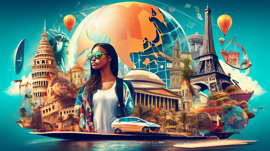 A futuristic montage of Aliana Gallagher exploring diverse destinations around the world in 2024, featuring iconic landmarks, innovative modes of travel, and vibrant cultural experiences.