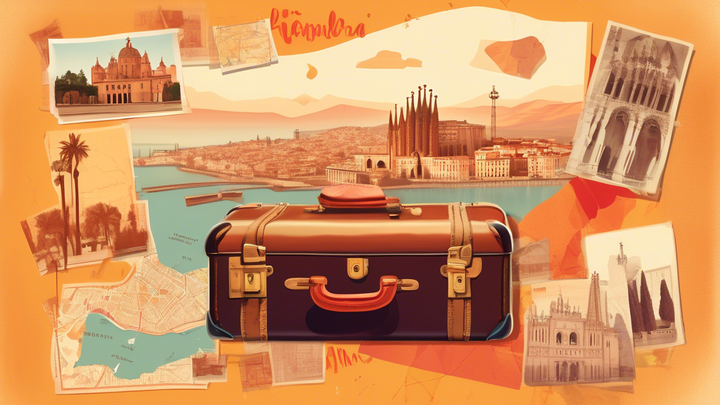 A collage showcasing essential travel items, vibrant street scenes of Barcelona, the Alhambra in sunset hues, and a map of Spain, all encapsulated within a vintage suitcase