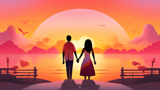 An illustrated scene of a multicultural couple holding hands, watching a beautiful sunset together, with symbolic icons representing love, understanding, and cultural harmony floating around them.