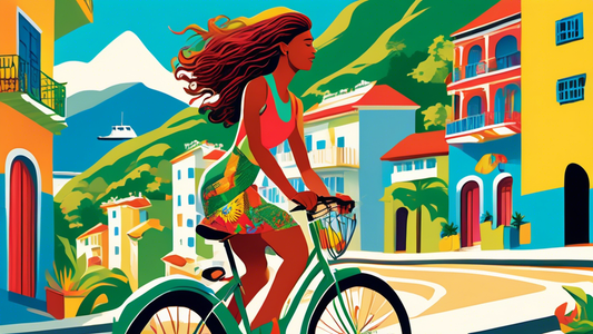 A woman with flowing hair, wearing colorful clothing, riding a bicycle down a sunny street in Rio de Janeiro with colorful buildings and lush green mountains in the background.