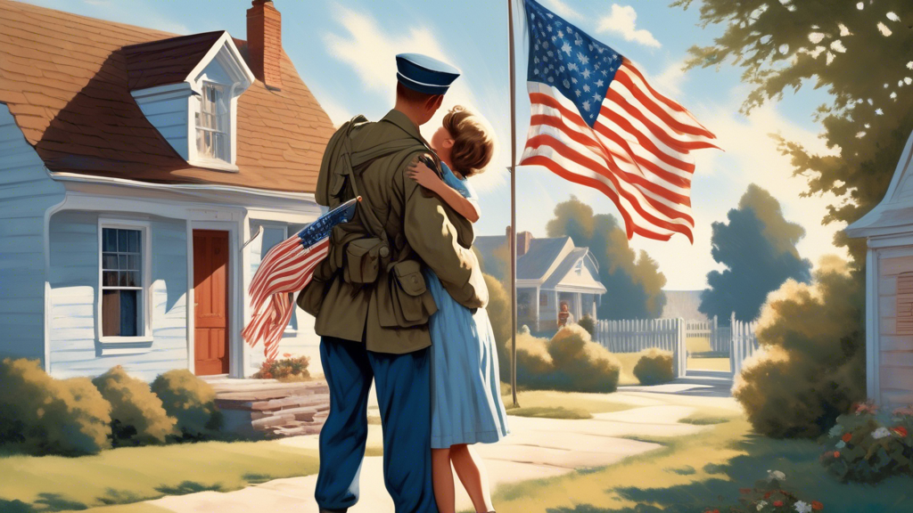 a nostalgic and heartwarming scene of a young soldier returning home, being warmly embraced by their family outside a quaint house, with an American flag waving in the gentle breeze, under a clear blue sky