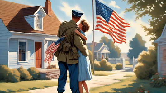 a nostalgic and heartwarming scene of a young soldier returning home, being warmly embraced by their family outside a quaint house, with an American flag waving in the gentle breeze, under a clear blue sky