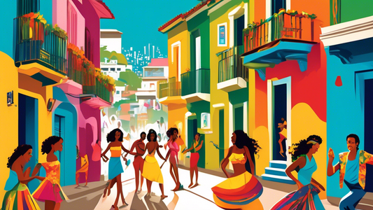 DALL-E prompt:

A vibrant, colorful street scene in Rio de Janeiro with open doors of various buildings revealing diverse musical performances, blending traditional Brazilian instruments with modern p