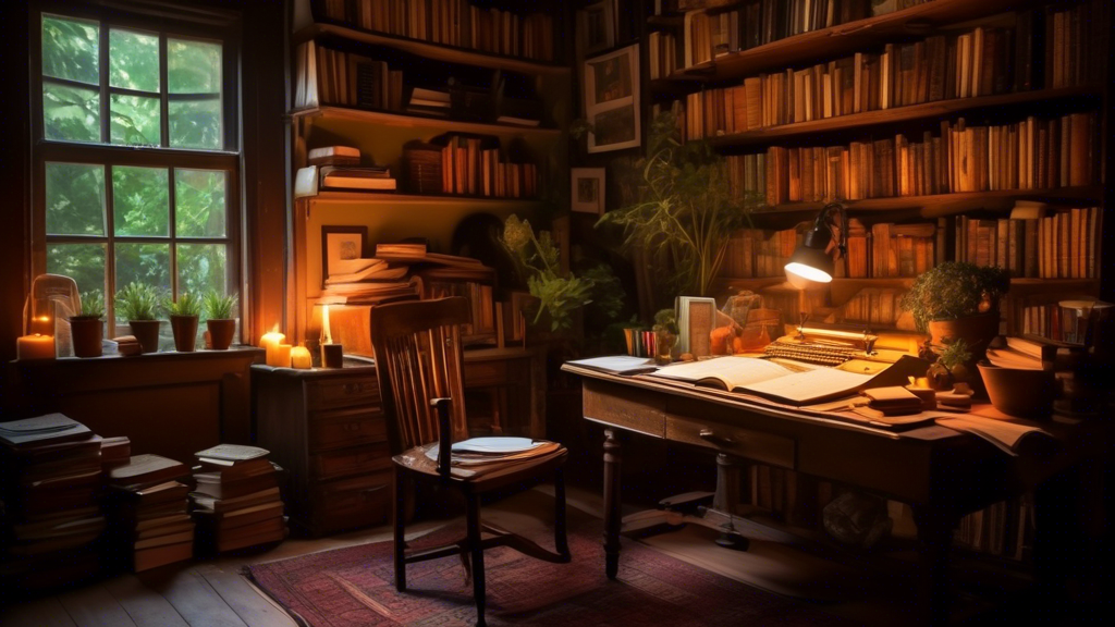 A serene, cozy writer's nook filled with overflowing bookshelves, a vintage typewriter on an old wooden desk, soft candlelight illuminating piles of handwritten manuscripts, with a window overlooking 