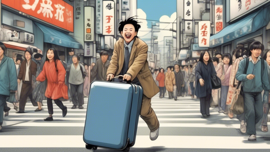 A person gleefully riding an electric suitcase in a bustling urban street of Tokyo, Japan, with surprise and mixed expressions from bystanders, under an overcast sky.