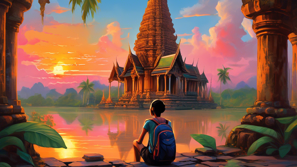 A lone traveler sits amidst lush Thai temple ruins, their backpack cast aside, gazing at a vibrant sunset with a mix of sadness and wonder in their eyes.