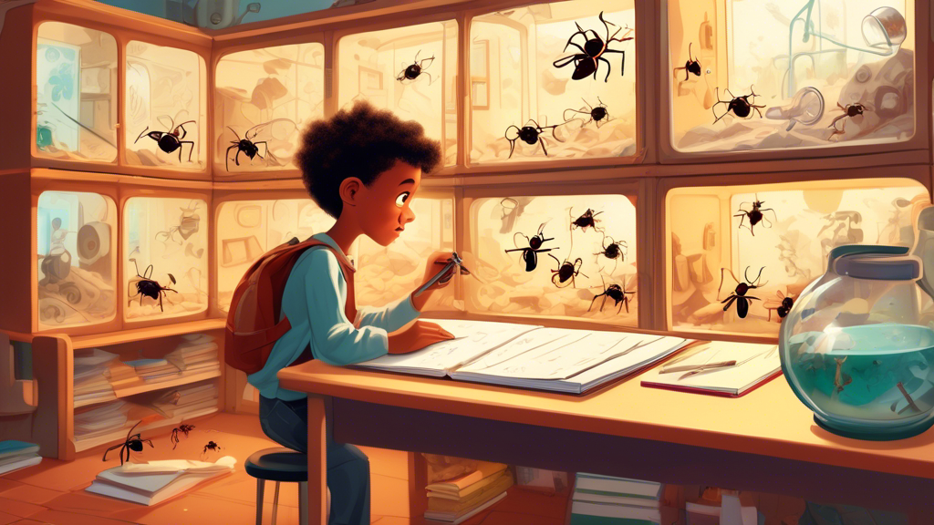 An illustration of a curious child observing a large, detailed ant farm filled with tunnels and chambers, surrounded by educational tools such as magnifying glasses, notebooks, and pens, in a bright and engaging classroom setting.