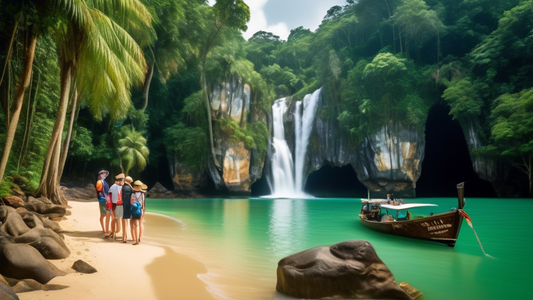 Create an image of a group of tourists exploring the natural beauty of Khao Lak, Thailand, with a German-speaking guide leading the way. The scene includes lush green jungles, majestic waterfalls, and