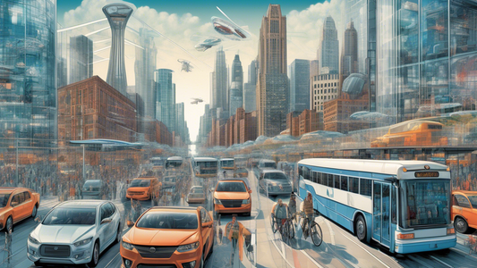 detailed cityscape of Detroit showing various modes of transportation including buses, bikes, and cars, with a futuristic transparent information overlay comparing efficiency and convenience