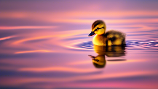 A tiny, fluffy duckling, alone on a vast, reflective lake at sunset.