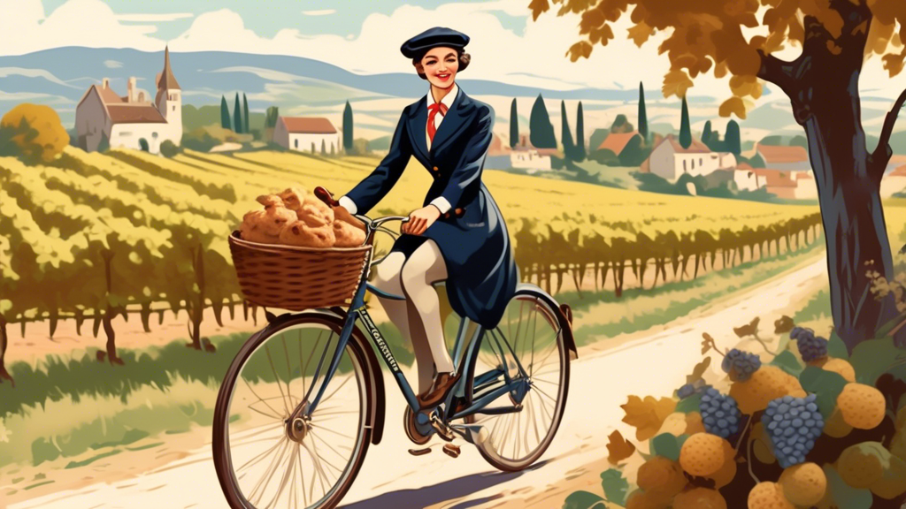A sophisticated cyclist wearing a vintage outfit and a beret, leisurely riding a classic bicycle through a picturesque French vineyard, with a basket full of freshly baked scones.