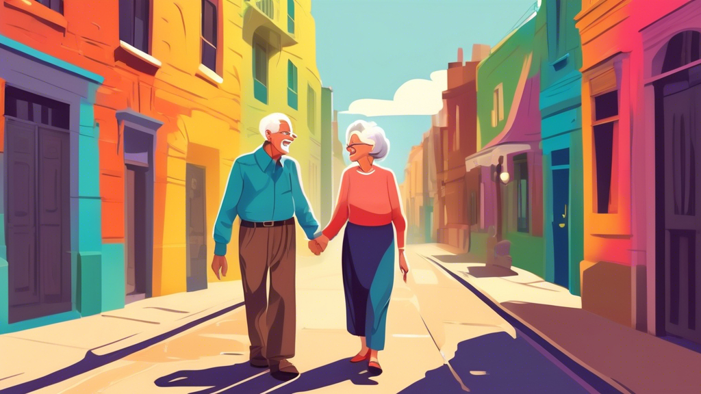 A smiling elderly couple holding hands, joyfully chatting and walking together along a colorful city street, showcasing a loving and mature marriage relationship.