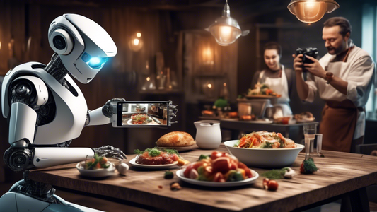 An AI robot holding a camera, taking pictures of a gourmet meal set on a rustic table, with amazed chefs and a food blogger observing in the background, incorporating futuristic digital elements