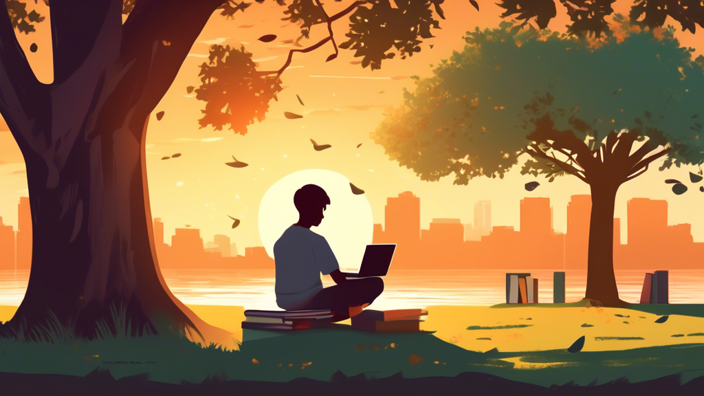 A young adult sitting under a tree in a tranquil park, surrounded by books and a laptop, eagerly learning English with the help of online resources, as the sun sets in the background.