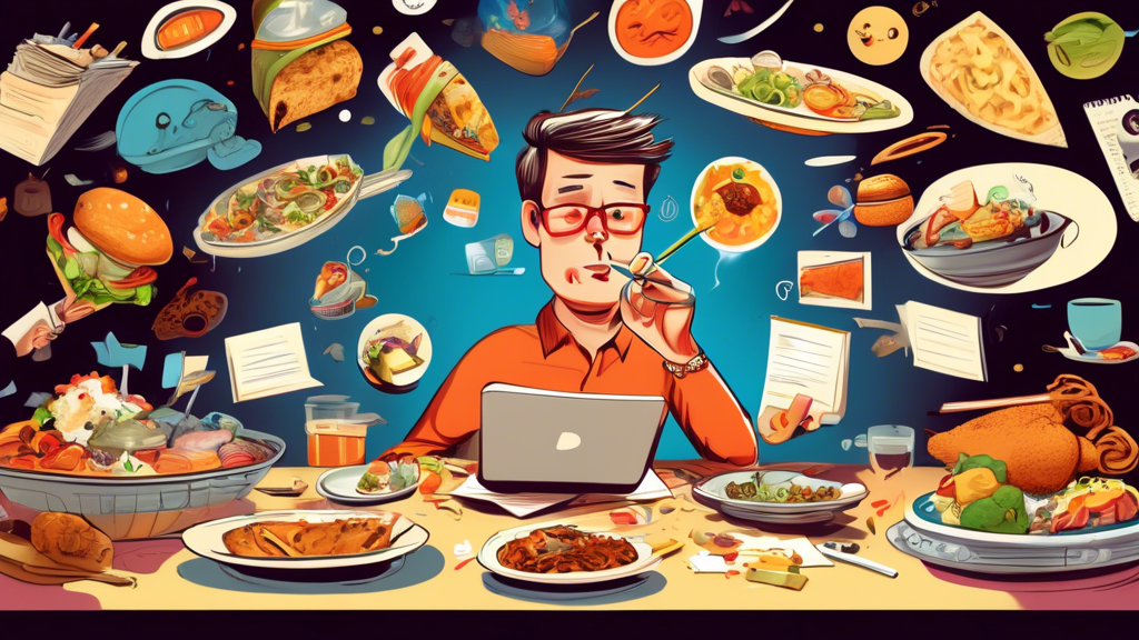 A whimsical food critic sitting at a restaurant table overflowing with an assortment of dishes from around the world, eagerly jotting down notes with a giant pencil, surrounded by digital icons representing likes, shares, and comments.