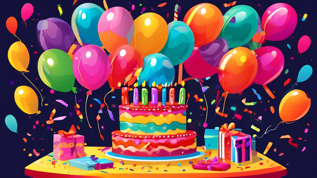 DALL-E prompt: Create an image of a vibrant birthday celebration scene with a large, colorful birthday cake centered on a table surrounded by balloons, presents, and confetti, with the words 'Kado Ulang Tahun' written in stylish font above.