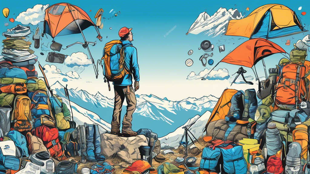 Vibrant illustration of a hiker standing on a mountain peak, surrounded by an array of outdoor gear and equipment, with detailed reviews floating in speech bubbles around each item, under a clear blue sky.
