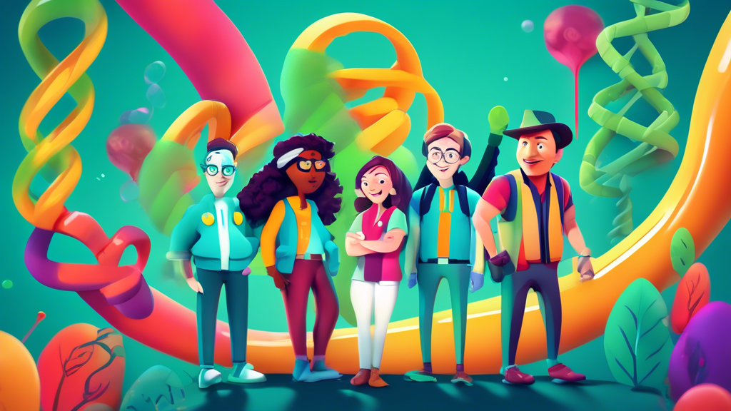 A whimsical illustration of the 23andMe logo alongside animated characters representing Mike and Sam embarked on a DNA helix-shaped adventure.