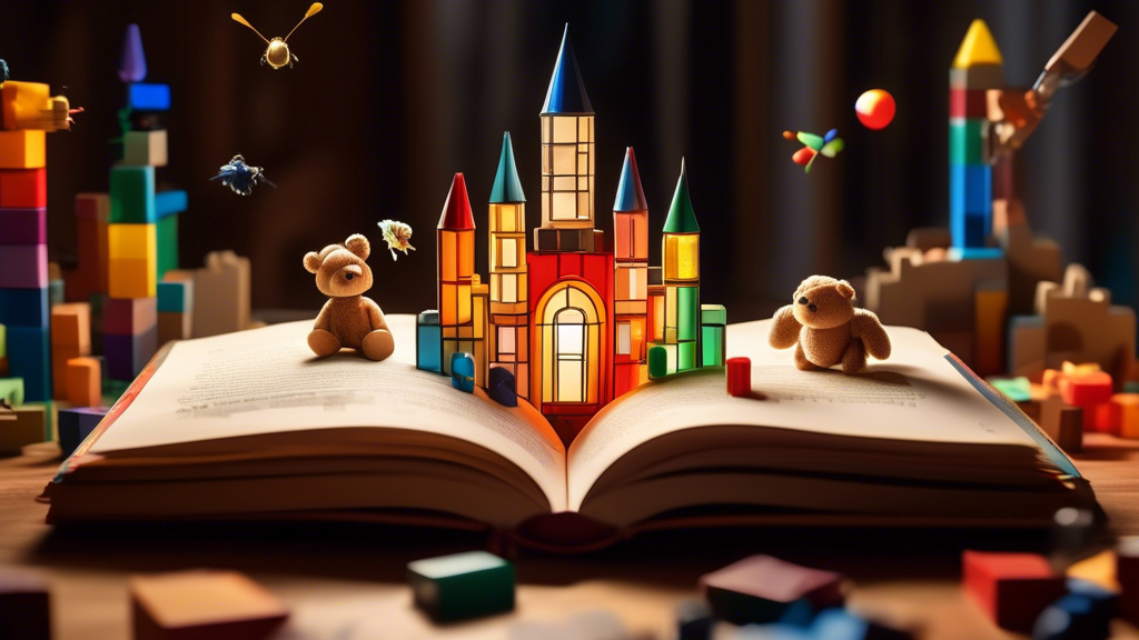 A child's open book with blank pages radiating light,  surrounded by floating objects like a teddy bear, a toy rocket, and a castle made of building blocks.