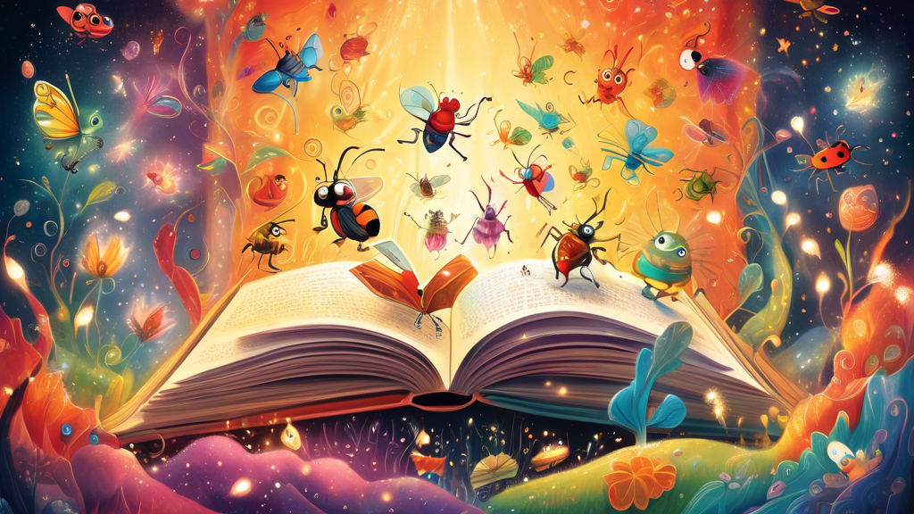 A whimsical illustration of a children's storybook opening up, with vibrant characters and scenes popping out of the pages, surrounded by sparkling dust and glowing light.