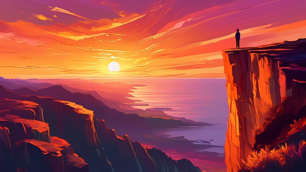An awe-inspired person standing at the edge of a breathtaking cliff overlooking a vast, untouched landscape, with the vibrant colors of sunset casting a golden hue over the scene, capturing the moment of discovery and wonder.
