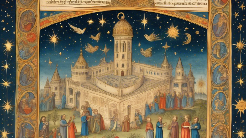 An ancient illuminated manuscript page depicting a mystical revelation, with celestial beings revealing secrets to a prince in a majestic library filled with scrolls and ancient texts, under a sky filled with stars and ethereal light.