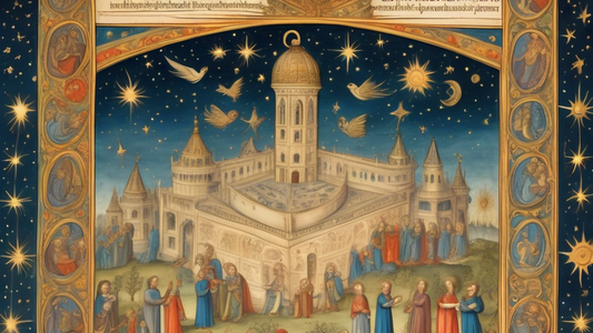 An ancient illuminated manuscript page depicting a mystical revelation, with celestial beings revealing secrets to a prince in a majestic library filled with scrolls and ancient texts, under a sky filled with stars and ethereal light.