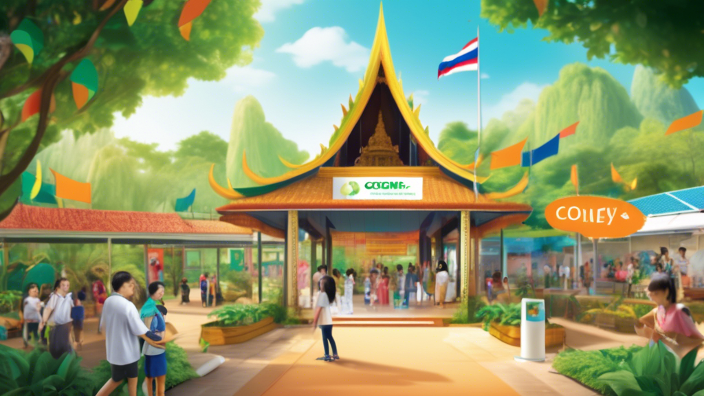 Create an image featuring a vibrant exhibition setting in Thailand, showcasing CoinEx Charity's sponsorship. The scene is filled with diverse environmental awareness displays, including interactive ex