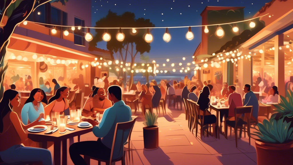 A vibrant and bustling outdoor dining scene in San Diego, with people happily enjoying diverse and delicious-looking plates at a cozy, popular restaurant, under the soft glow of string lights at twilight.