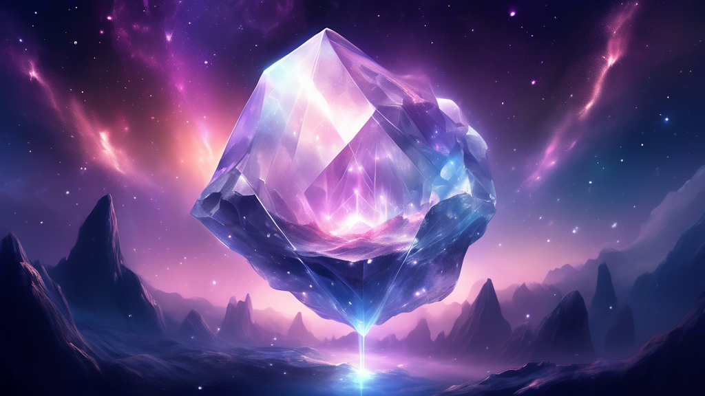 An ethereal, glowing crystal floating in the midst of a starlit nebula, with delicate beams of light emanating from its core, illuminating an otherworldly landscape below.