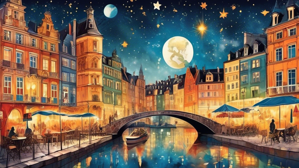 An enchanting collage showcasing five lesser-known European cities, each depicted with its own distinctive landmarks, vibrant street scenes, and cultural elements, under a banner of stars twinkling with the promise of undiscovered adventures.