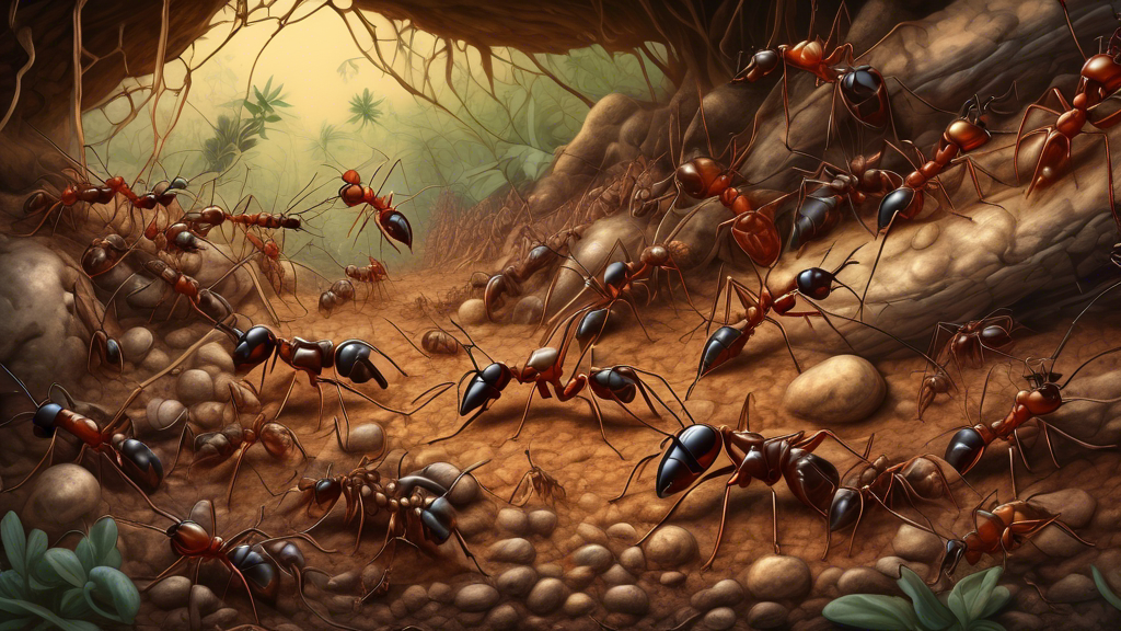 A detailed digital painting showcasing the intricate social hierarchy of an ant colony, including various roles like the queen, soldiers, and workers, engaged in their specific tasks within an expansive, underground ant nest.
