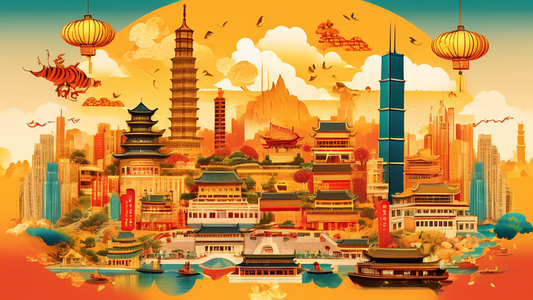 Vibrant digital artwork showcasing a collage of the 15 best cities to visit in China, each represented by an iconic landmark or cultural symbol, harmoniously blended into one captivating scene under a golden sky.