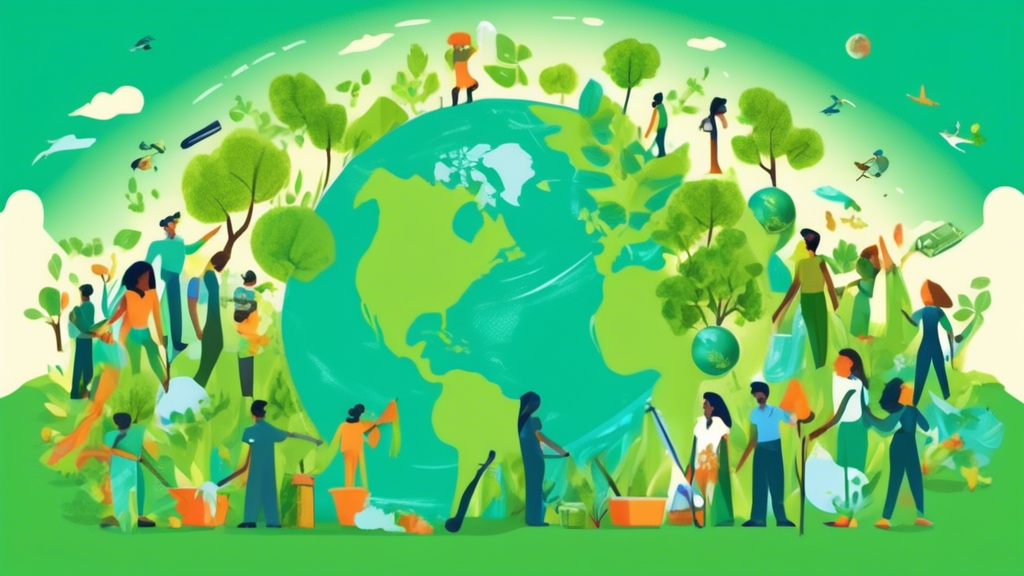 An illustration of people around the globe planting trees, cleaning oceans, and recycling waste under a banner reading 'Every Day is Earth Day' against a backdrop of a thriving, green planet Earth.