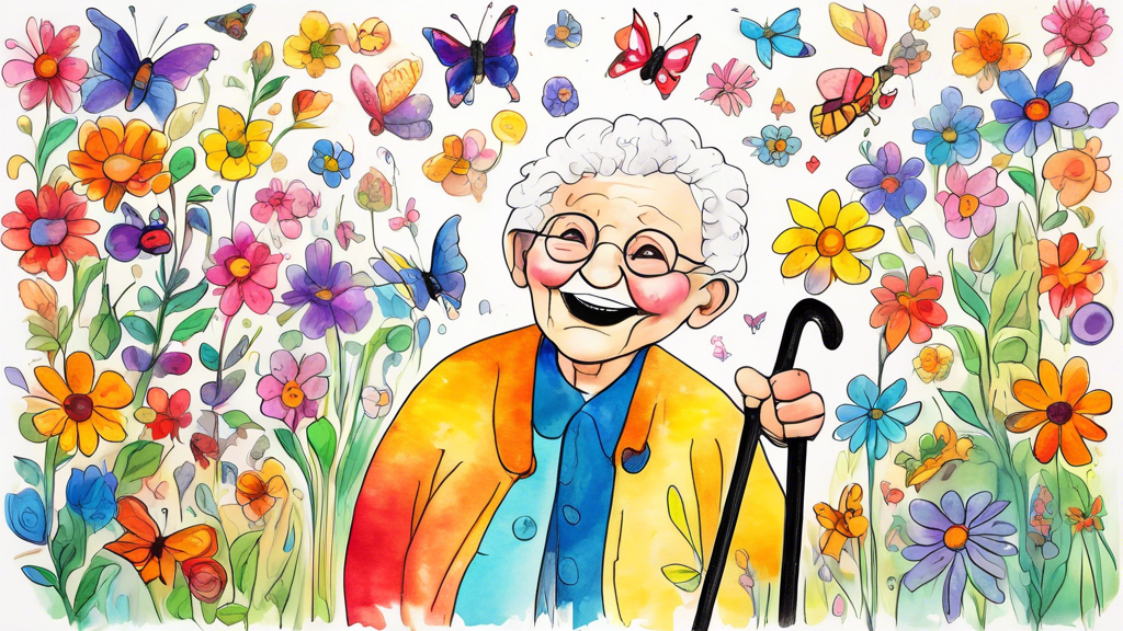 A child's drawing of a smiling elderly person with a cane, surrounded by colorful flowers and butterflies.