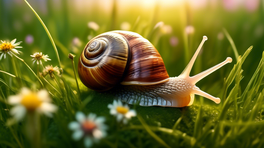 A snail in a lush, green meadow with wildflowers and tall grasses, lit by the warm glow of the setting sun