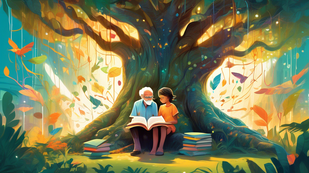 An imaginative illustration of an elderly man and a young child sitting under a large, leafy tree, engrossed in an open book together, with whimsical light beams connecting their minds and surrounding