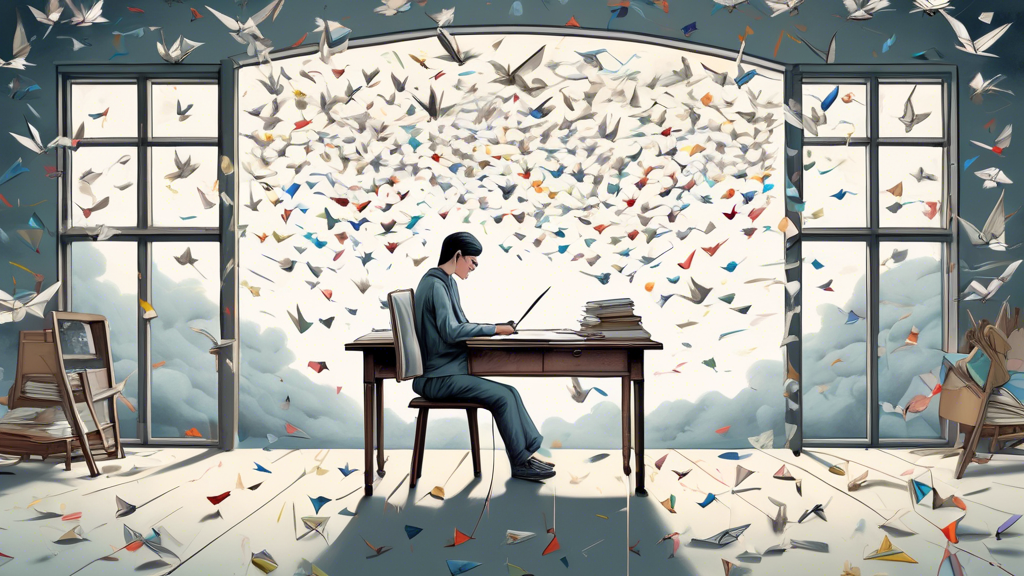 A whimsical illustration of a person sitting at a vintage desk littered with paper cranes and scribbled drafts, gazing out a window at a cloudy sky shaped like a brain, symbolizing the intersection of perfectionism and creativity.