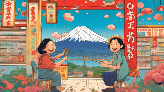 Animated tourists using chopsticks to poke holes in a giant, whimsical curtain featuring Mt. Fuji and the Lawson convenience store logo, with expressions of mischief and delight, in a vibrant, cartoon-style illustration.