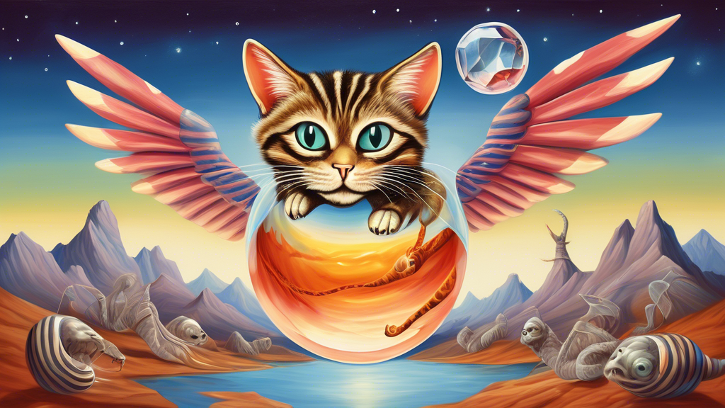 A surreal painting of a striped cat with wings, flying over a landscape of venomous snakes, with a crystal ball showing a vision of the future in its claws