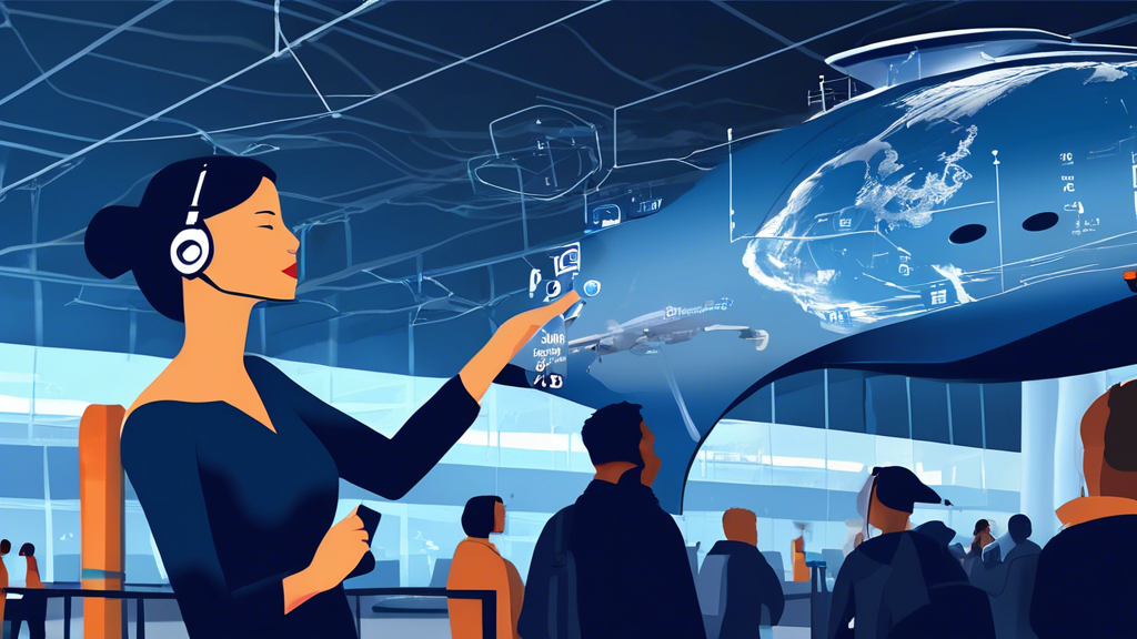 Digital illustration of a person speaking into a futuristic communication device with the United Airlines logo clearly visible, set against a backdrop of an airport terminal bustling with activity.