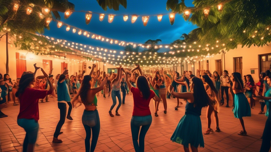 A college campus courtyard at twilight, filled with students dancing joyfully to Forró music, illuminated by string lights and the soft glow of phones recording the performance.