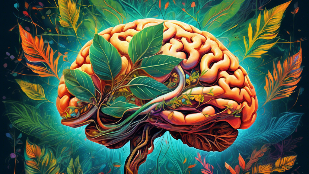 A glowing human brain with intricate neural networks overlaid with vibrant, healthy leaves and botanicals, giving the impression of growth and support.